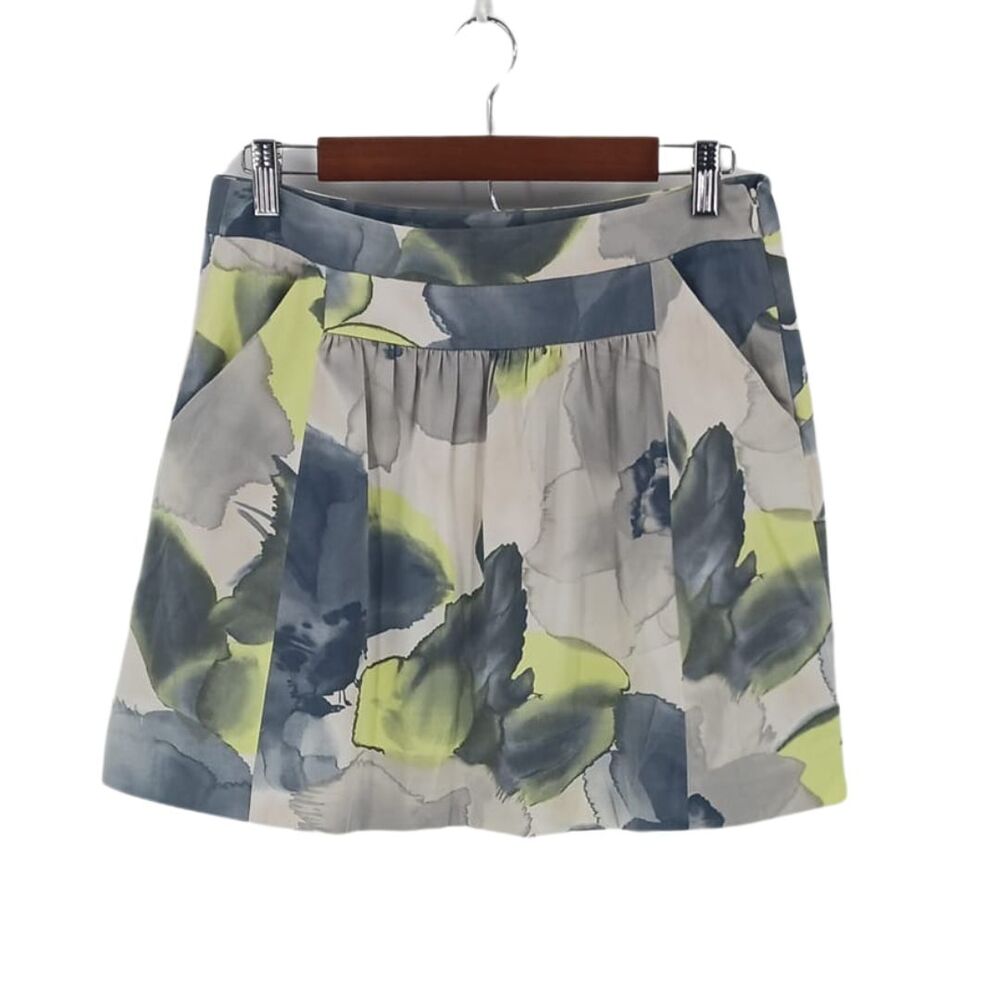 Theory Grey & Yellow Watercolor Floral Print Mini Skirt Sz4
